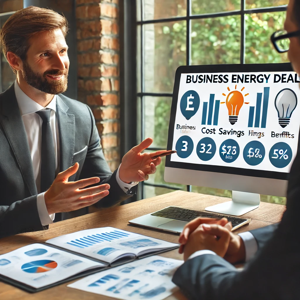 A visual comparison of energy suppliers versus energy brokers, featuring direct interactions with a supplier's representative in a corporate setting on the left and a broker negotiating deals on behalf of a business on the right.