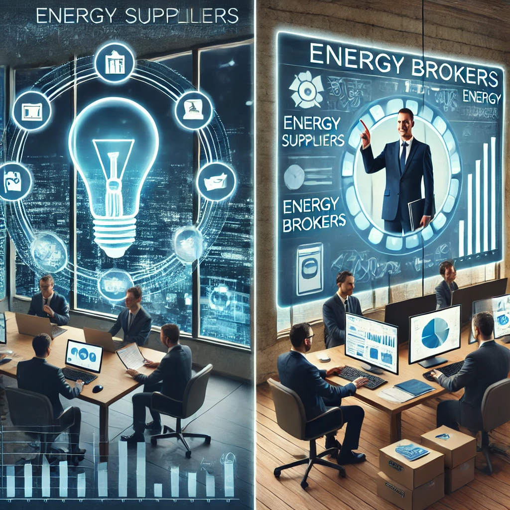 Comparison of energy suppliers vs brokers; on the left, a supplier representative in a corporate setting, and on the right, a broker analyzing multi-screen options for a client.