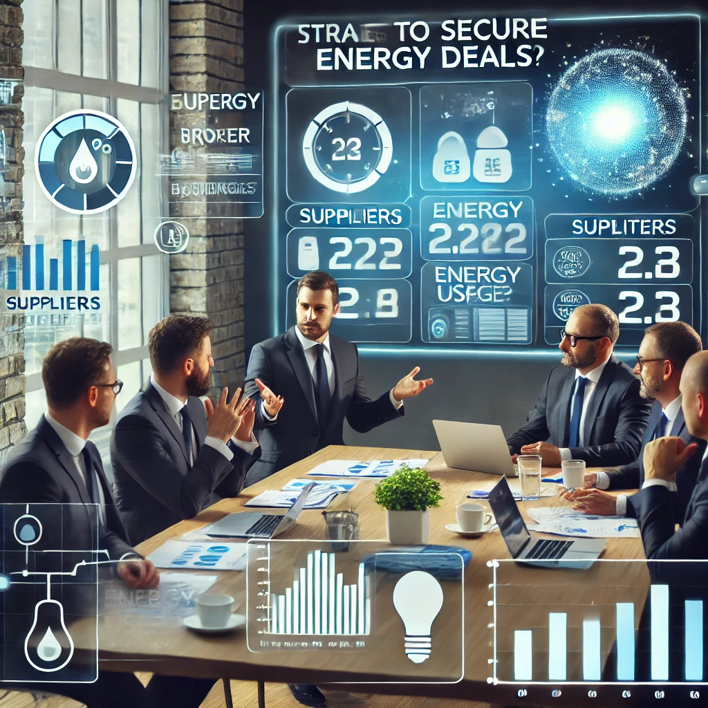 An energy broker team in a meeting room discussing strategies for better energy deals, with charts, supplier logos, and usage graphs on a screen.