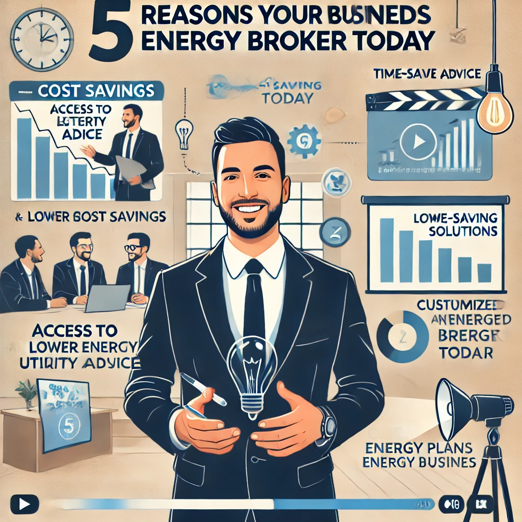 Professional video script outlining the key points of the article '5 Reasons Your Business Needs an Energy Broker Today,' with sections highlighting cost savings, expert market knowledge, and time efficiency in energy management for businesses