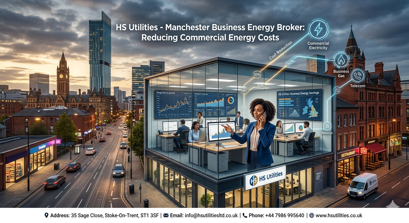 A modern glass office building of HS Utilities in Manchester, showing a business energy broker assisting commercial clients with electricity and gas cost reduction against a Manchester city skyline.