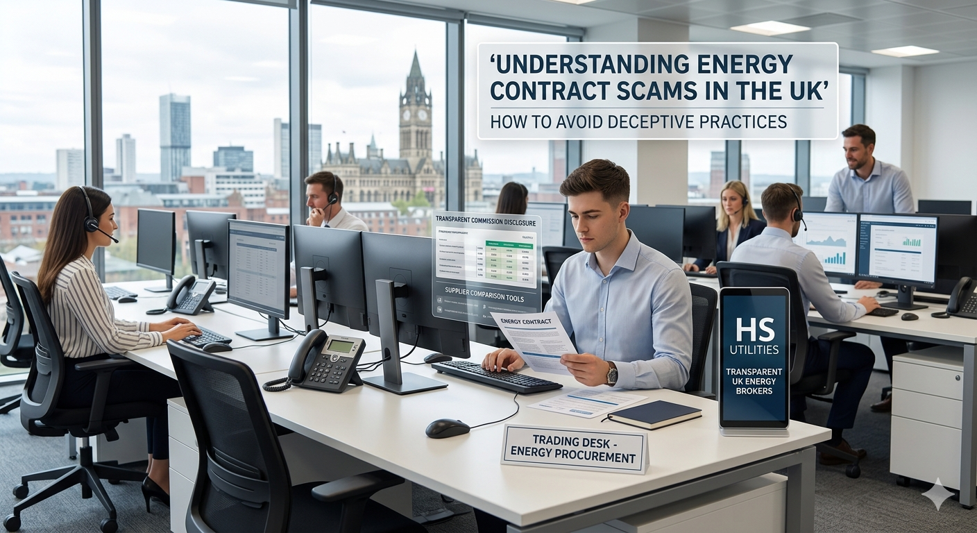 A busy UK energy procurement trading desk where honest brokers review contracts, demonstrating how to avoid energy contract scams through transparent commission disclosure and supplier comparison tools.